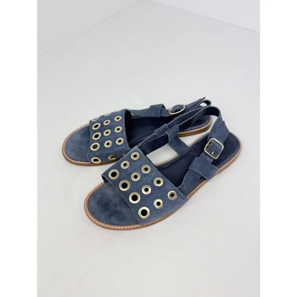 J. Crew Blue Suede Leather Gold Grommet Slingback Nautical Flat Sandals